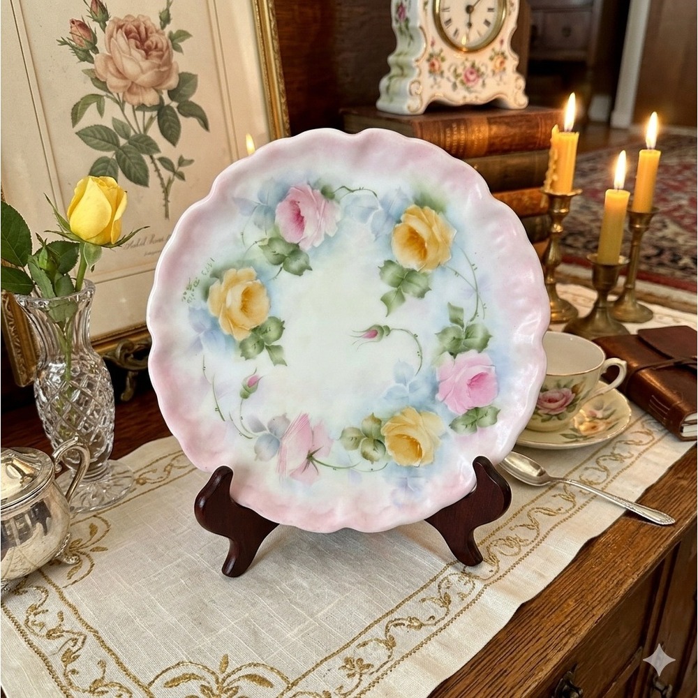 Vintage Hand Painted Porcelain Teapot Stand Trivet Pink Yellow Roses 1983 Davis